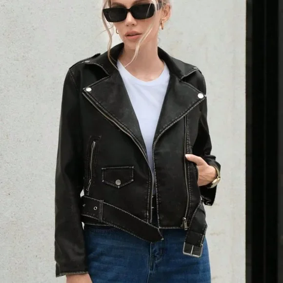 Black Casual Womens Zip Up Moto Jacket - Picture 3 of 5